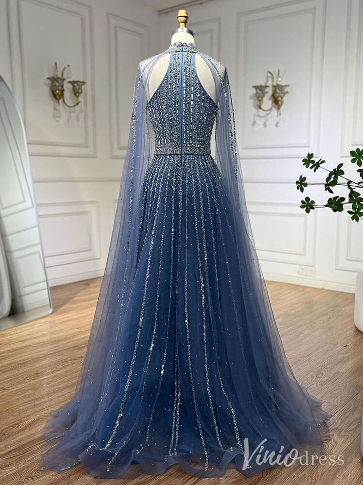 Sparkly Beaded Cape Sleeve Prom Dresses High Neck Pageant Dress AD1252 - ViniodressEvening DressesBlueUS 2 - Formal Dresses - Ball Gowns