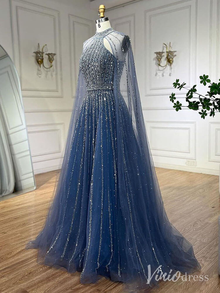 Sparkly Beaded Cape Sleeve Prom Dresses High Neck Pageant Dress AD1252 - ViniodressEvening DressesBlueUS 2 - Formal Dresses - Ball Gowns