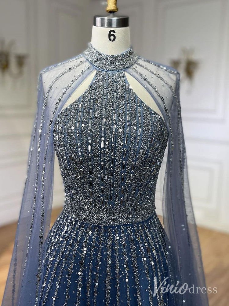 Sparkly Beaded Cape Sleeve Prom Dresses High Neck Pageant Dress AD1252 - ViniodressEvening DressesBlueUS 2 - Formal Dresses - Ball Gowns