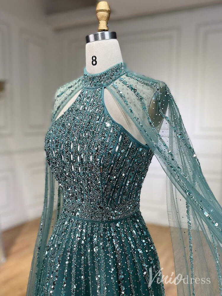 Sparkly Beaded Cape Sleeve Prom Dresses High Neck Pageant Dress AD1252 - ViniodressEvening DressesGreenUS 2 - Formal Dresses - Ball Gowns