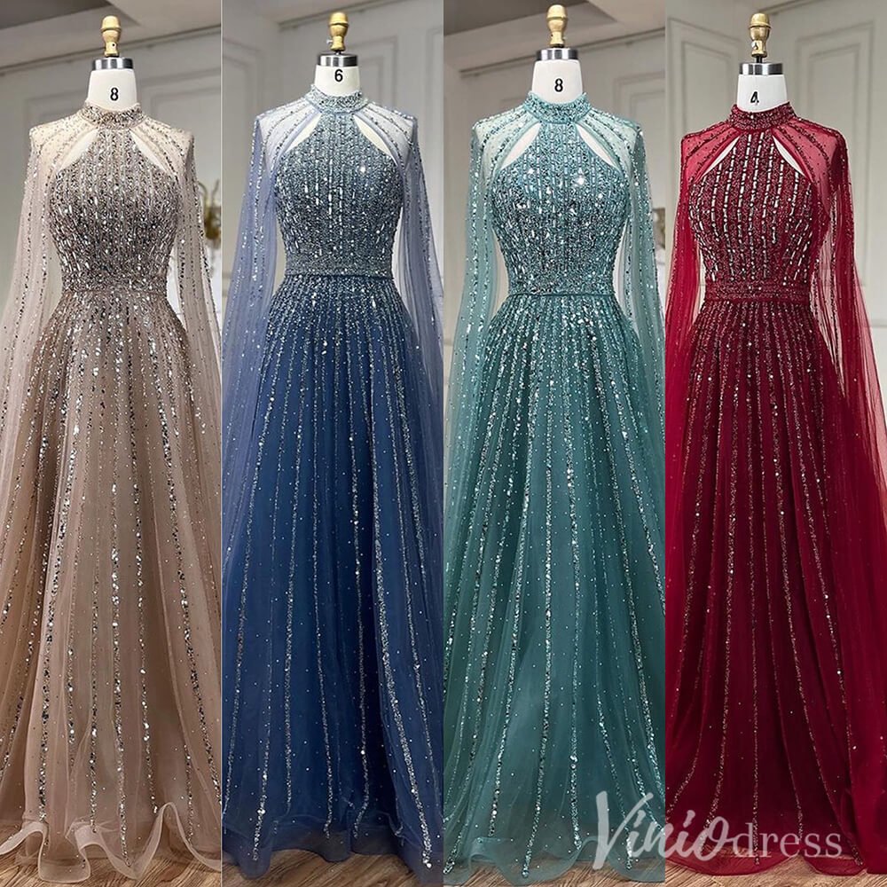 Sparkly Beaded Cape Sleeve Prom Dresses High Neck Pageant Dress AD1252 - ViniodressEvening DressesGreenUS 2 - Formal Dresses - Ball Gowns