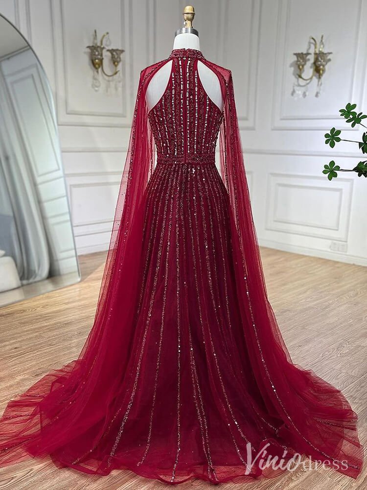 Sparkly Beaded Cape Sleeve Prom Dresses High Neck Pageant Dress AD1252 - ViniodressEvening DressesRedUS 2 - Formal Dresses - Ball Gowns