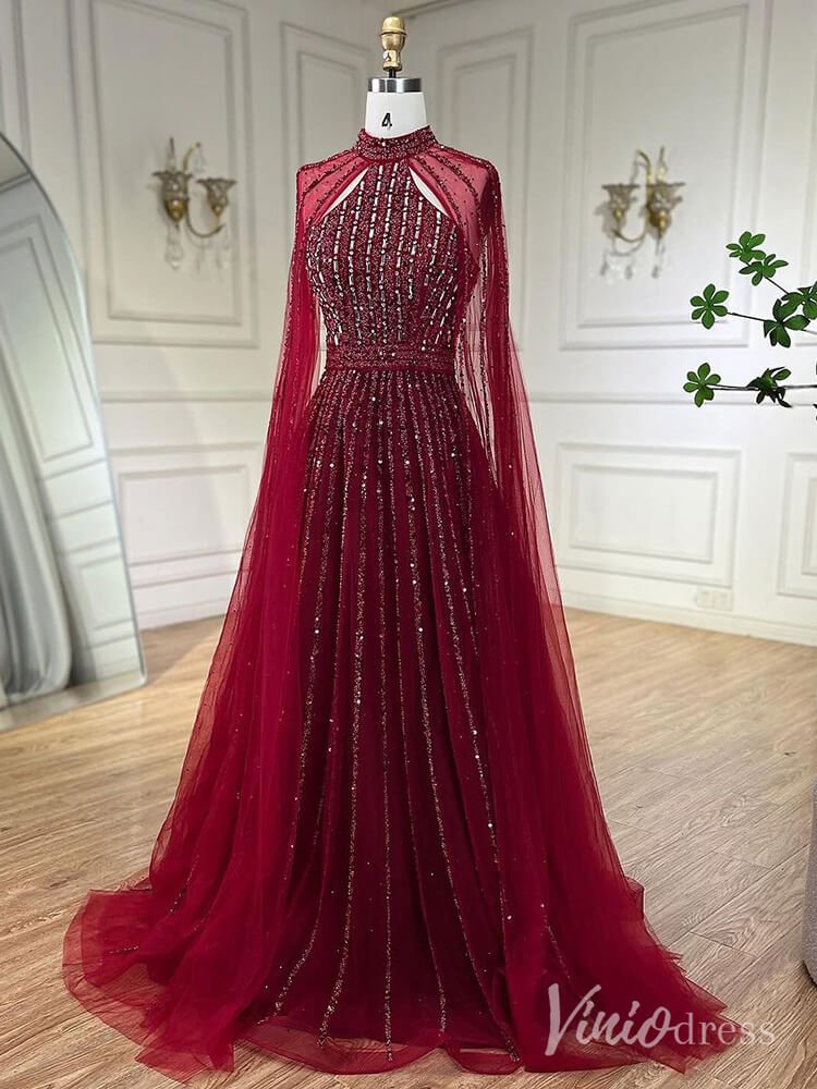 Sparkly Beaded Cape Sleeve Prom Dresses High Neck Pageant Dress AD1252 - ViniodressEvening DressesRedUS 2 - Formal Dresses - Ball Gowns