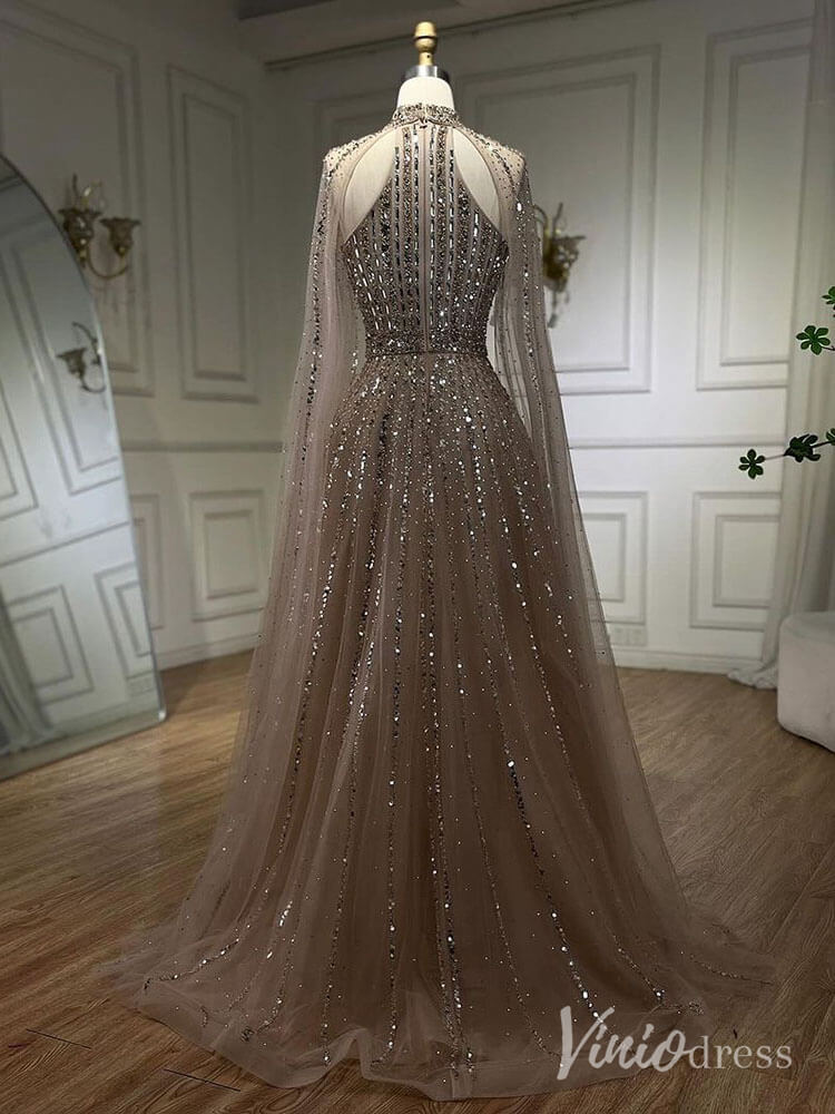 Sparkly Beaded Cape Sleeve Prom Dresses High Neck Pageant Dress AD1252 - ViniodressEvening DressesKhakiUS 2 - Formal Dresses - Ball Gowns