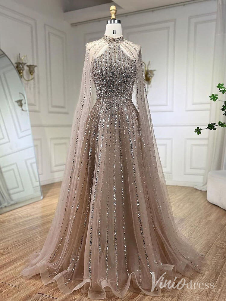 Sparkly Beaded Cape Sleeve Prom Dresses High Neck Pageant Dress AD1252 - ViniodressEvening DressesKhakiUS 2 - Formal Dresses - Ball Gowns