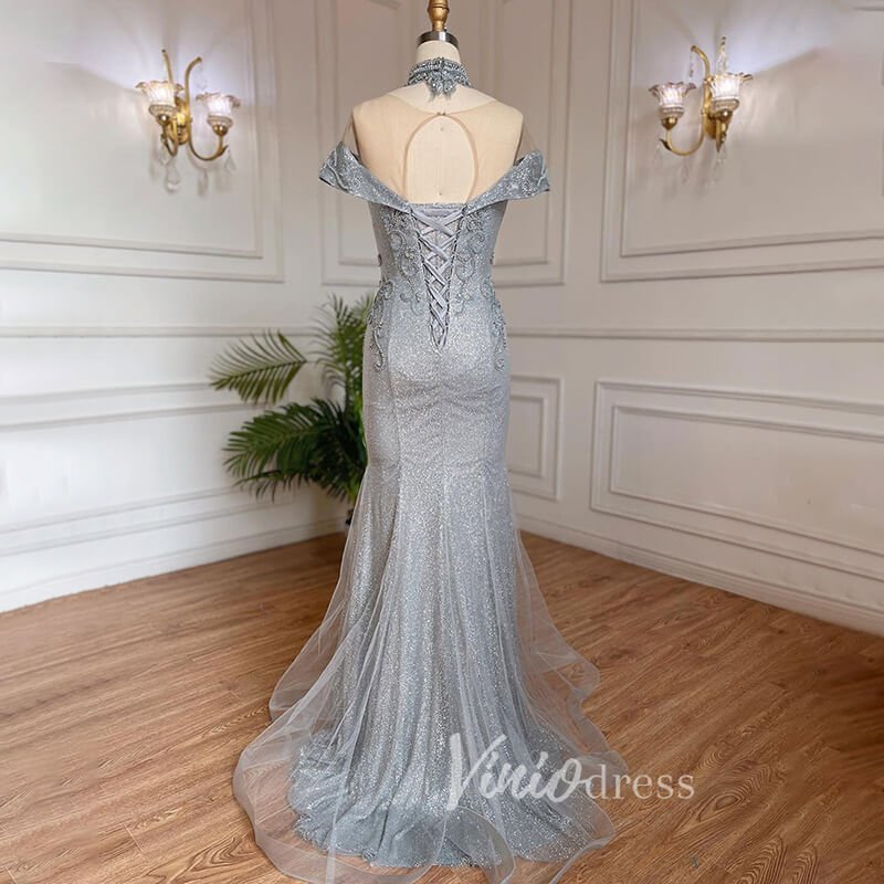 Sparkly Beaded Gray Mermaid Evening Gowns Vintage Pageant Dress 20027-Evening Dresses 2025 -Viniodress-Grey-US 2-