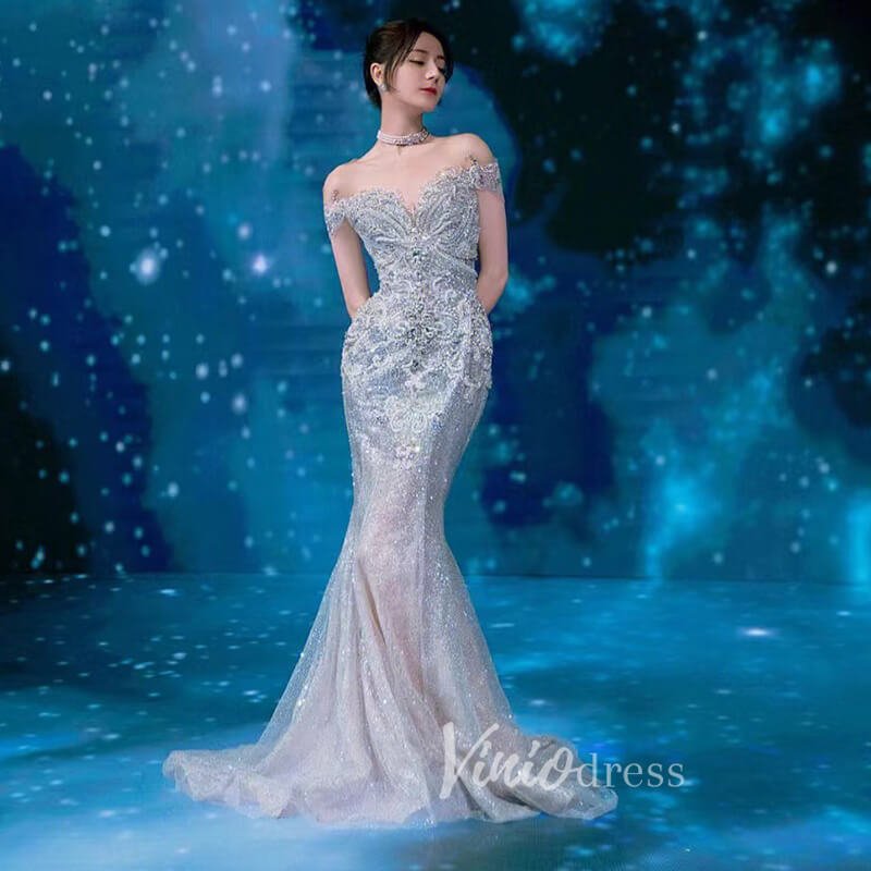 Sparkly Beaded Gray Mermaid Evening Gowns Vintage Pageant Dress 20027-Evening Dresses 2025 -Viniodress-Grey-US 2-