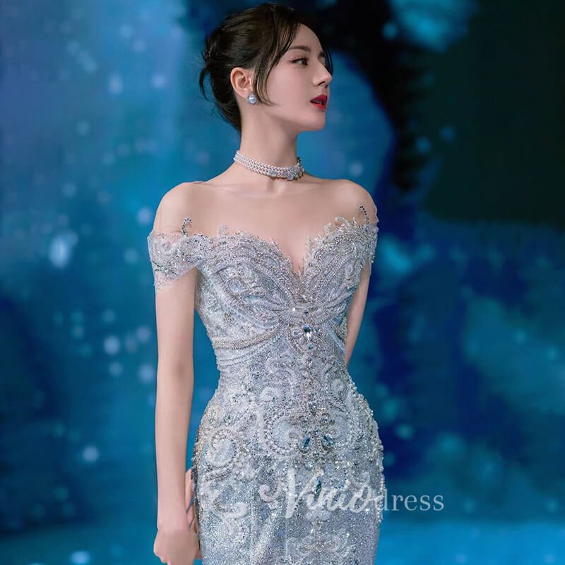 Sparkly Beaded Gray Mermaid Evening Gowns Vintage Pageant Dress 20027-Evening Dresses 2025 -Viniodress-Grey-US 2-