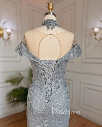 Sparkly Beaded Gray Mermaid Evening Gowns Vintage Pageant Dress 20027-Evening Dresses 2025 -Viniodress-Grey-US 2-