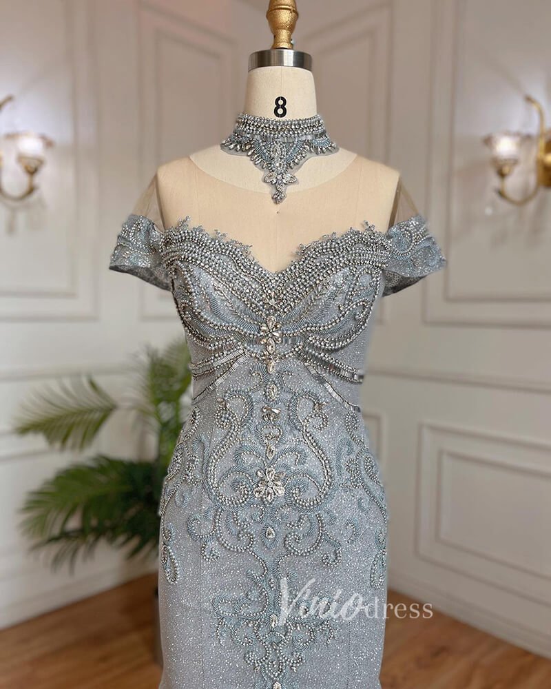 Sparkly Beaded Gray Mermaid Evening Gowns Vintage Pageant Dress 20027-Evening Dresses 2025 -Viniodress-Grey-US 2-