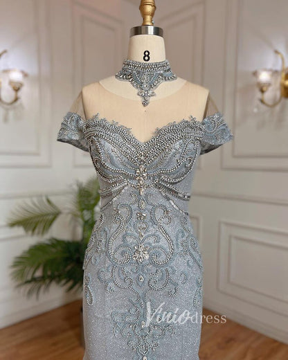 Sparkly Beaded Gray Mermaid Evening Gowns Vintage Pageant Dress 20027-Evening Dresses 2025 -Viniodress-Grey-US 2-