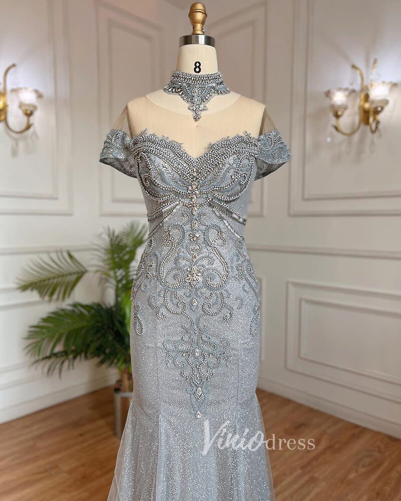Sparkly Beaded Gray Mermaid Evening Gowns Vintage Pageant Dress 20027-Evening Dresses 2025 -Viniodress-Grey-US 2-