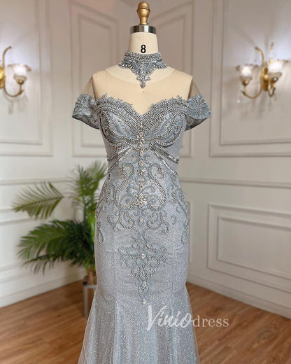Sparkly Beaded Gray Mermaid Evening Gowns Vintage Pageant Dress 20027-Evening Dresses 2025 -Viniodress-Grey-US 2-