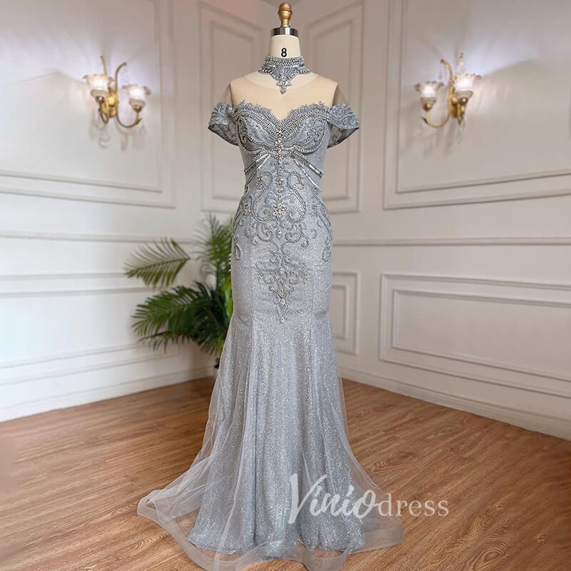 Sparkly Beaded Gray Mermaid Evening Gowns Vintage Pageant Dress 20027-Evening Dresses 2025 -Viniodress-Grey-US 2-