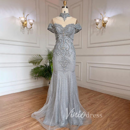 Sparkly Beaded Gray Mermaid Evening Gowns Vintage Pageant Dress 20027-Evening Dresses 2025 -Viniodress-Grey-US 2-