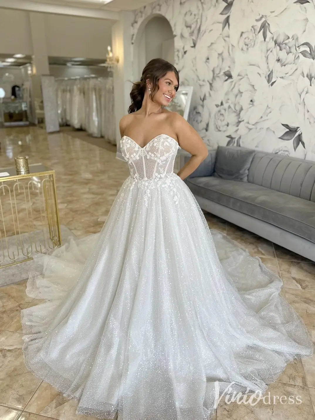 Sparkly Beaded Lace Wedding Dress with Detachable Bow Straps, Corset Bodice, Chapel Train – LA116-wedding dresses 2025 -Viniodress-Ivory-Custom Size-