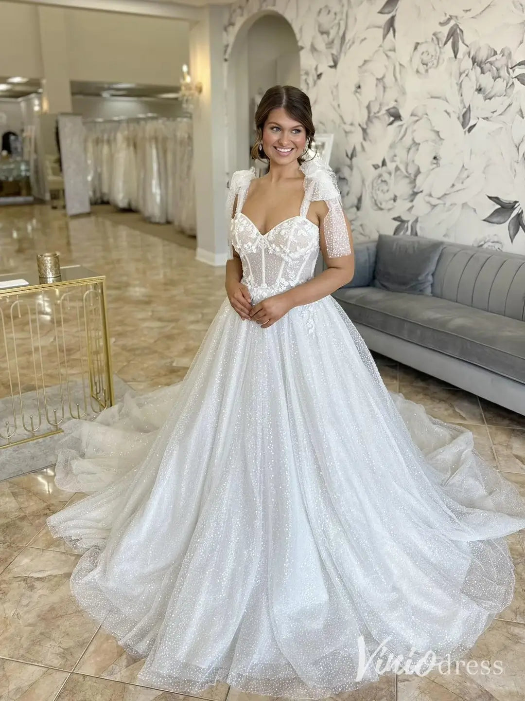 Sparkly Beaded Lace Wedding Dress with Detachable Bow Straps, Corset Bodice, Chapel Train – LA116-wedding dresses 2025 -Viniodress-Ivory-Custom Size-