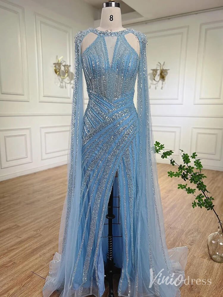 Sparkly Beaded Mermaid Prom Dresses Cape Sleeve Pageant Dress AD1229-Evening Dresses 2025 -Viniodress-Dusty Blue-US 2-