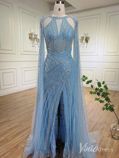 Sparkly Beaded Mermaid Prom Dresses Cape Sleeve Pageant Dress AD1229-Evening Dresses 2025 -Viniodress-Dusty Blue-US 2-