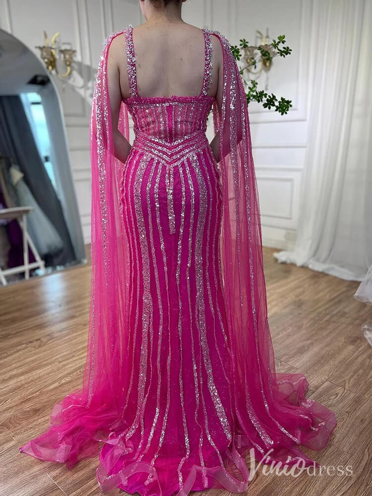 Sparkly Beaded Mermaid Prom Dresses Cape Sleeve Pageant Dress AD1229-Evening Dresses 2025 -Viniodress-Lavender-US 2-