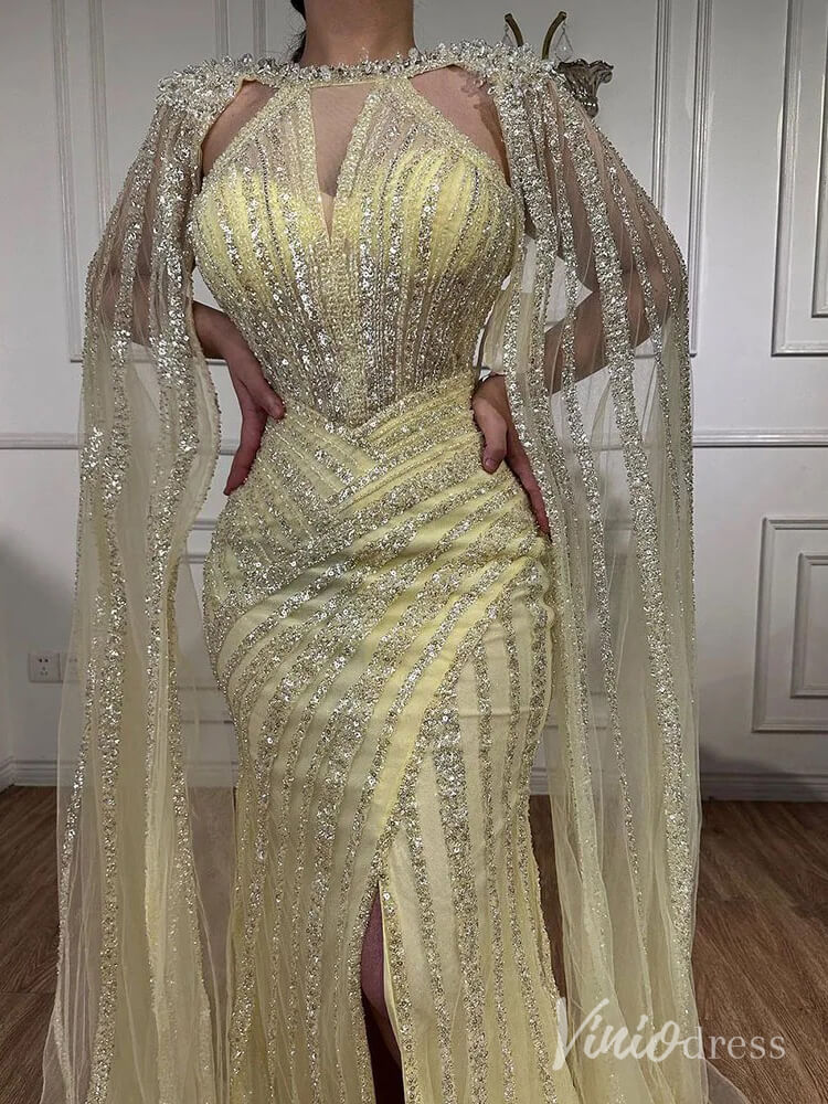 Sparkly Beaded Mermaid Prom Dresses Cape Sleeve Pageant Dress AD1229-Evening Dresses 2025 -Viniodress-Lavender-US 2-