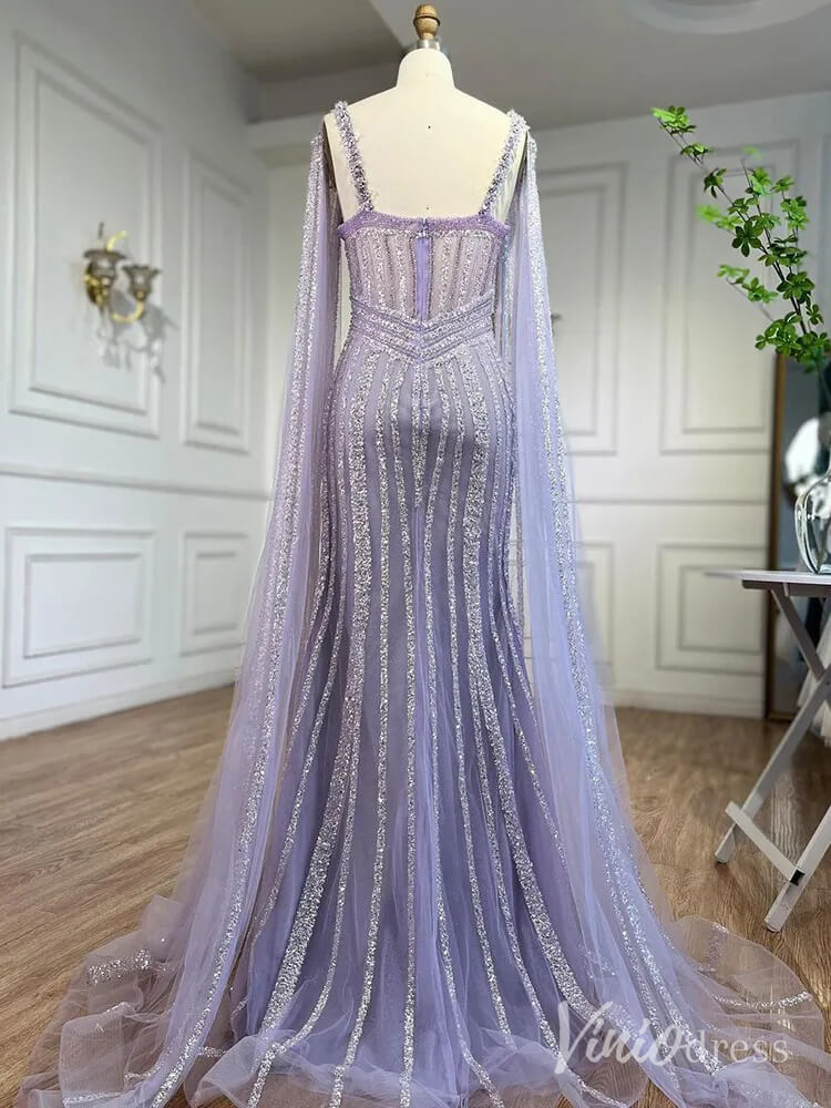 Sparkly Beaded Mermaid Prom Dresses Cape Sleeve Pageant Dress AD1229-Evening Dresses 2025 -Viniodress-Lavender-US 2-