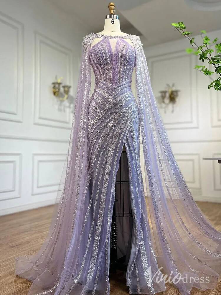 Sparkly Beaded Mermaid Prom Dresses Cape Sleeve Pageant Dress AD1229-Evening Dresses 2025 -Viniodress-Lavender-US 2-