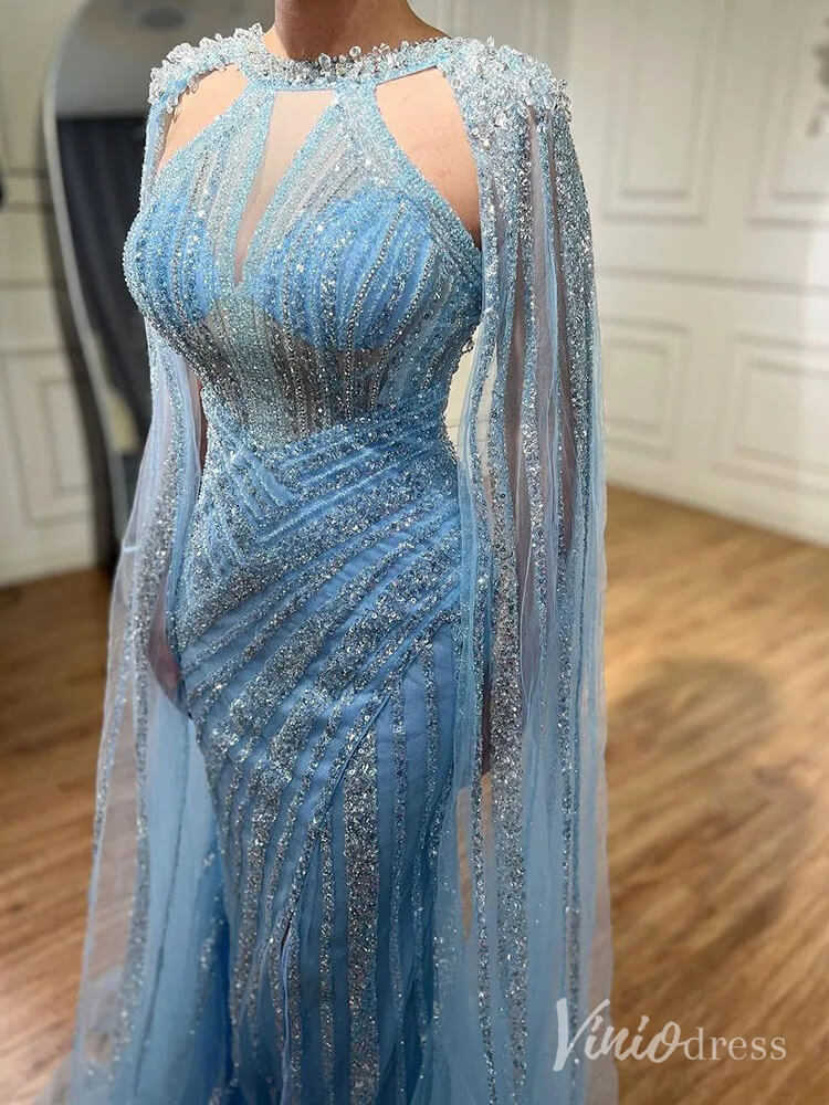 Sparkly Beaded Mermaid Prom Dresses Cape Sleeve Pageant Dress AD1229-Evening Dresses 2025 -Viniodress-Lavender-US 2-