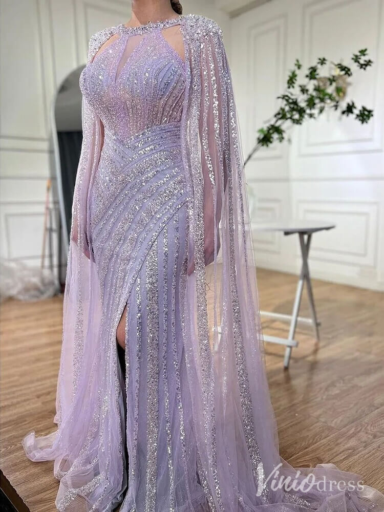 Sparkly Beaded Mermaid Prom Dresses Cape Sleeve Pageant Dress AD1229-Evening Dresses 2025 -Viniodress-Lavender-US 2-