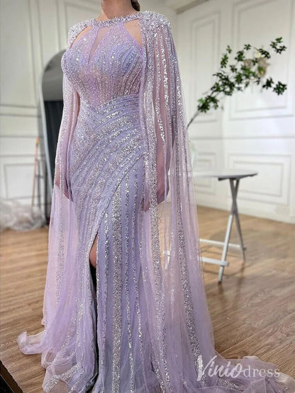 Sparkly Beaded Mermaid Prom Dresses Cape Sleeve Pageant Dress AD1229-Evening Dresses 2025 -Viniodress-Lavender-US 2-