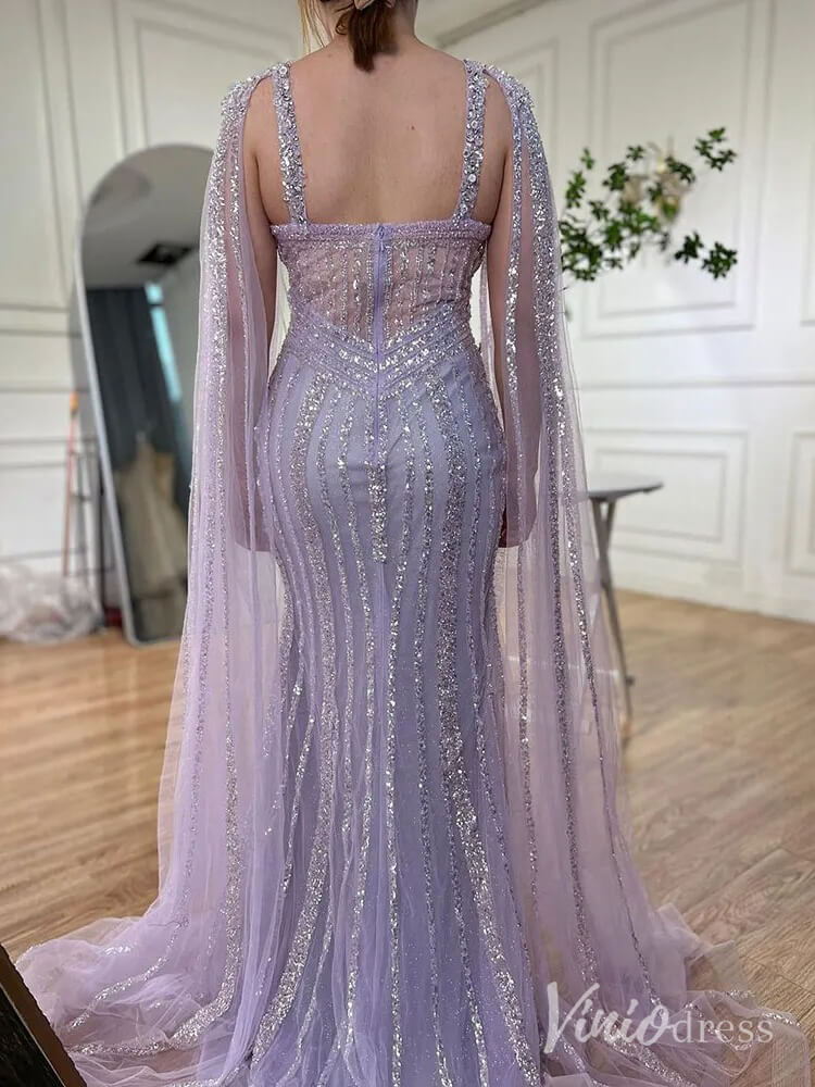 Sparkly Beaded Mermaid Prom Dresses Cape Sleeve Pageant Dress AD1229-Evening Dresses 2025 -Viniodress-Lavender-US 2-