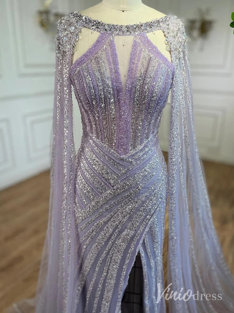 Sparkly Beaded Mermaid Prom Dresses Cape Sleeve Pageant Dress AD1229-Evening Dresses 2025 -Viniodress-Lavender-US 2-