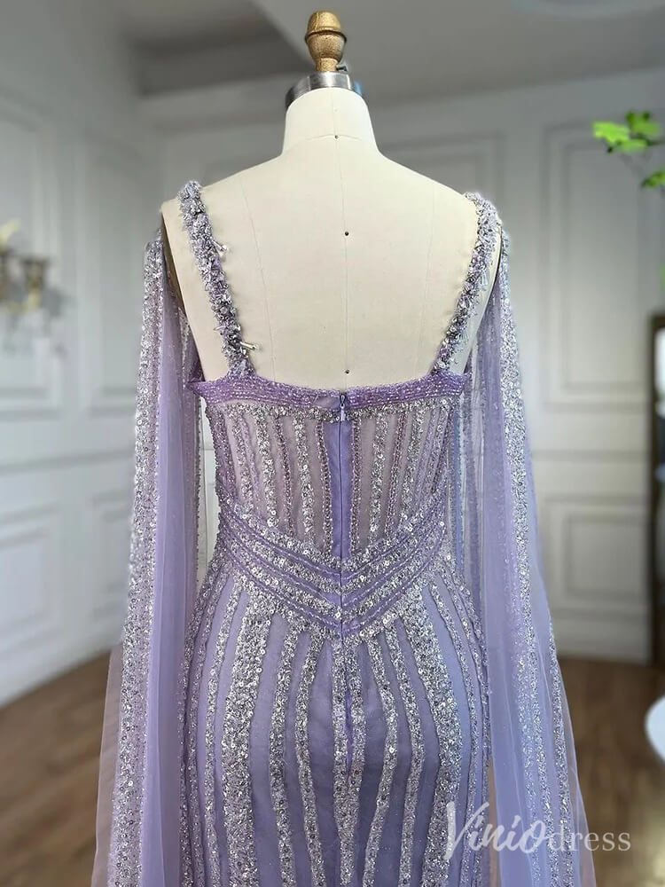 Sparkly Beaded Mermaid Prom Dresses Cape Sleeve Pageant Dress AD1229-Evening Dresses 2025 -Viniodress-Lavender-US 2-