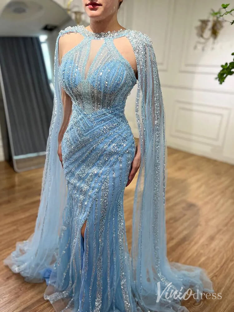 Sparkly Beaded Mermaid Prom Dresses Cape Sleeve Pageant Dress AD1229-Evening Dresses 2025 -Viniodress-Lavender-US 2-