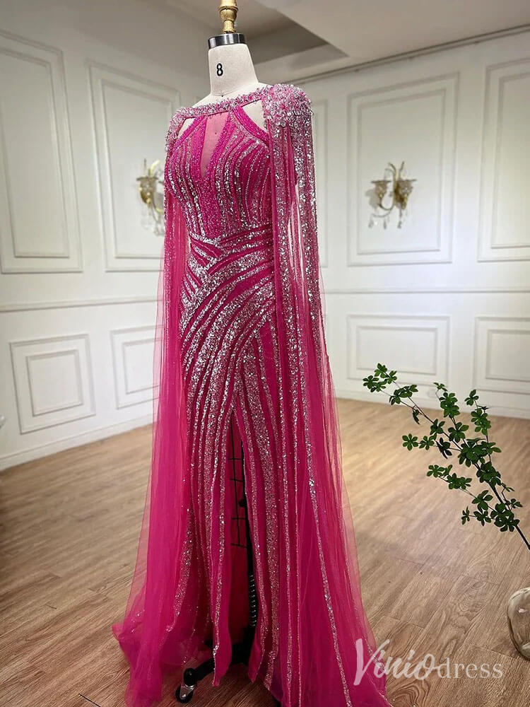 Sparkly Beaded Mermaid Prom Dresses Cape Sleeve Pageant Dress AD1229 - ViniodressEvening DressesMagentaUS 2 - Formal Dresses - Ball Gowns