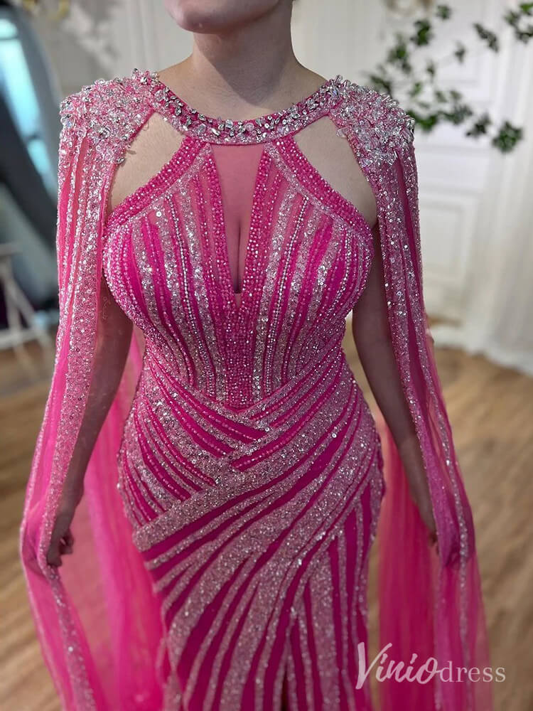 Sparkly Beaded Mermaid Prom Dresses Cape Sleeve Pageant Dress AD1229 - ViniodressEvening DressesMagentaUS 2 - Formal Dresses - Ball Gowns