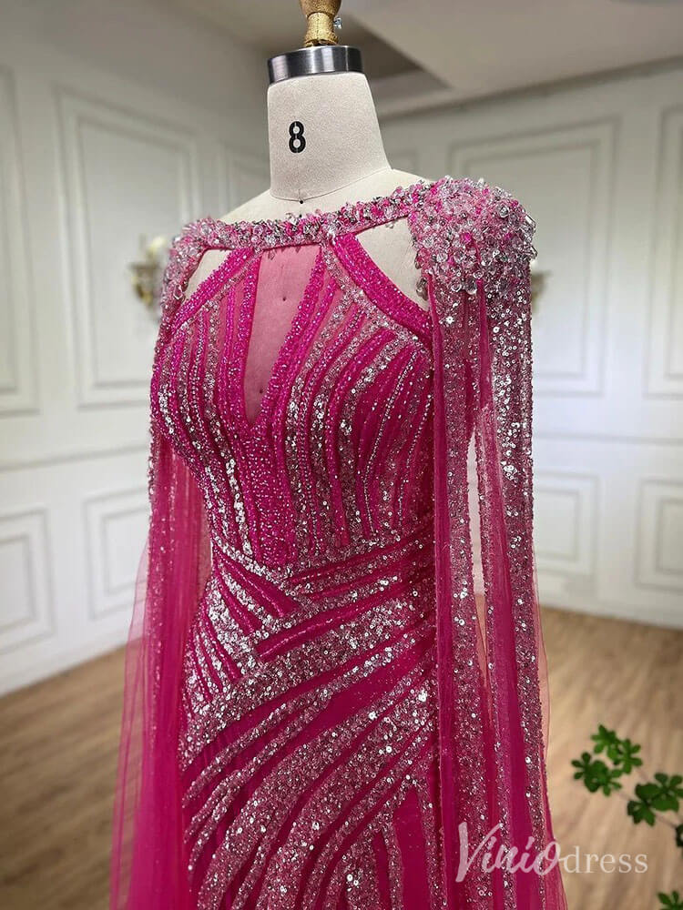 Sparkly Beaded Mermaid Prom Dresses Cape Sleeve Pageant Dress AD1229 - ViniodressEvening DressesMagentaUS 2 - Formal Dresses - Ball Gowns