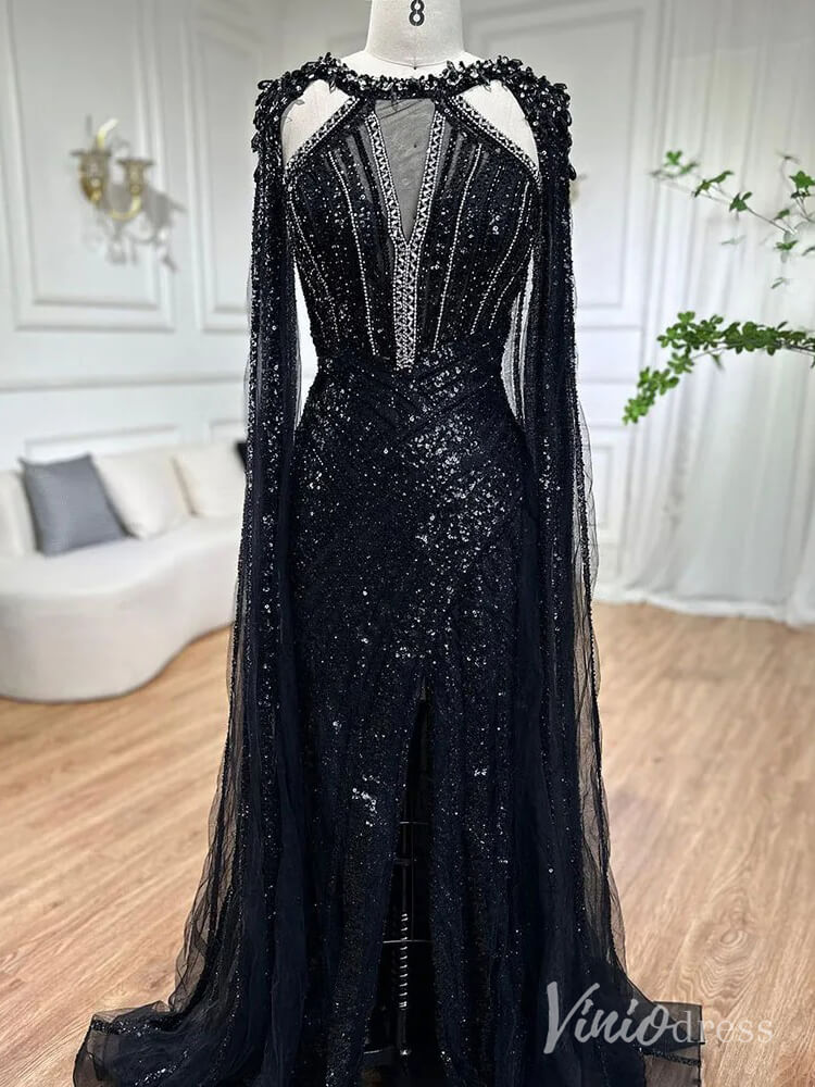 Sparkly Beaded Mermaid Prom Dresses Cape Sleeve Pageant Dress AD1229 - ViniodressEvening DressesBlackUS 2 - Formal Dresses - Ball Gowns