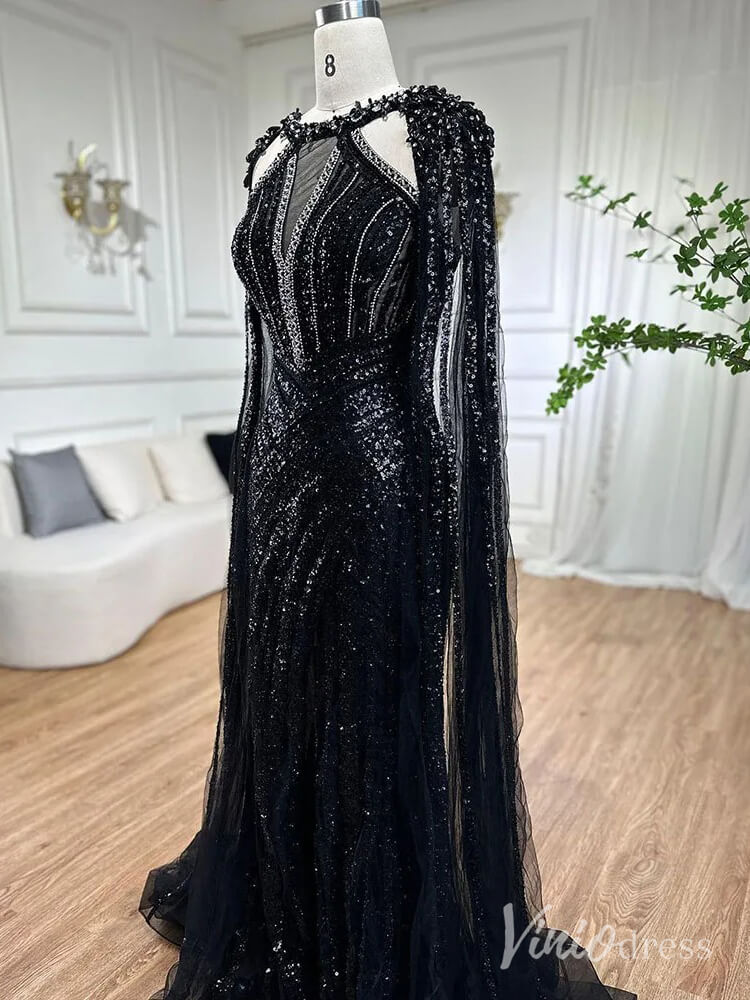 Sparkly Beaded Mermaid Prom Dresses Cape Sleeve Pageant Dress AD1229 - ViniodressEvening DressesBlackUS 2 - Formal Dresses - Ball Gowns