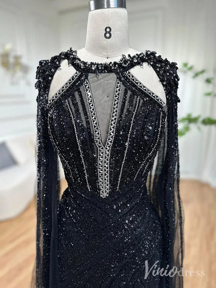 Sparkly Beaded Mermaid Prom Dresses Cape Sleeve Pageant Dress AD1229 - ViniodressEvening DressesBlackUS 2 - Formal Dresses - Ball Gowns