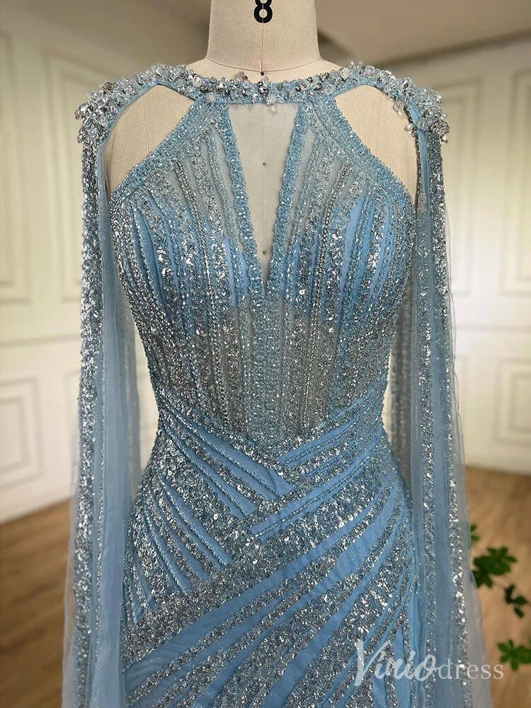 Sparkly Beaded Mermaid Prom Dresses Cape Sleeve Pageant Dress AD1229 - ViniodressEvening DressesDusty BlueUS 2 - Formal Dresses - Ball Gowns