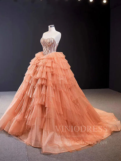 Sparkly Beaded Peach Sweet 15 Dresses Tiered Skirt Quinceanera Dress viniodress-Quinceanera Dresses 2025 -Viniodress-Peach-Custom Size-