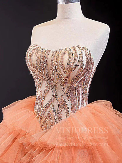 Sparkly Beaded Peach Sweet 15 Dresses Tiered Skirt Quinceanera Dress viniodress-Quinceanera Dresses 2025 -Viniodress-Peach-Custom Size-