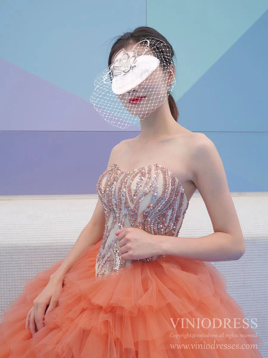 Sparkly Beaded Peach Sweet 15 Dresses Tiered Skirt Quinceanera Dress viniodress-Quinceanera Dresses 2025 -Viniodress-Peach-Custom Size-