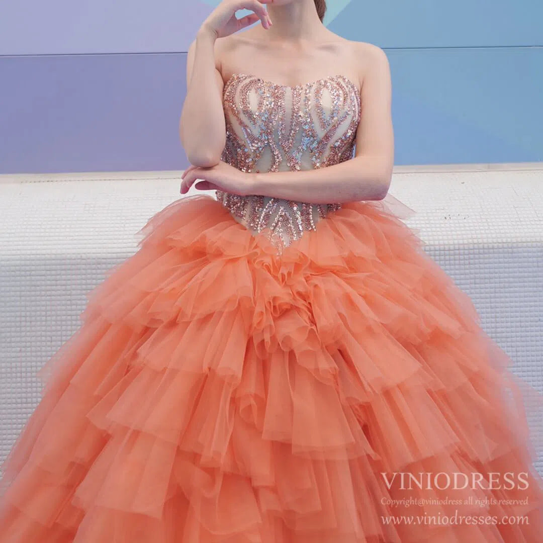 Prom Dress 2025 Sparkly Beaded Peach Sweet 15 Dresses Tiered Skirt Quinceanera Dress viniodress-unique Quinceanera Dresses-Peach-Custom Size-Viniodress