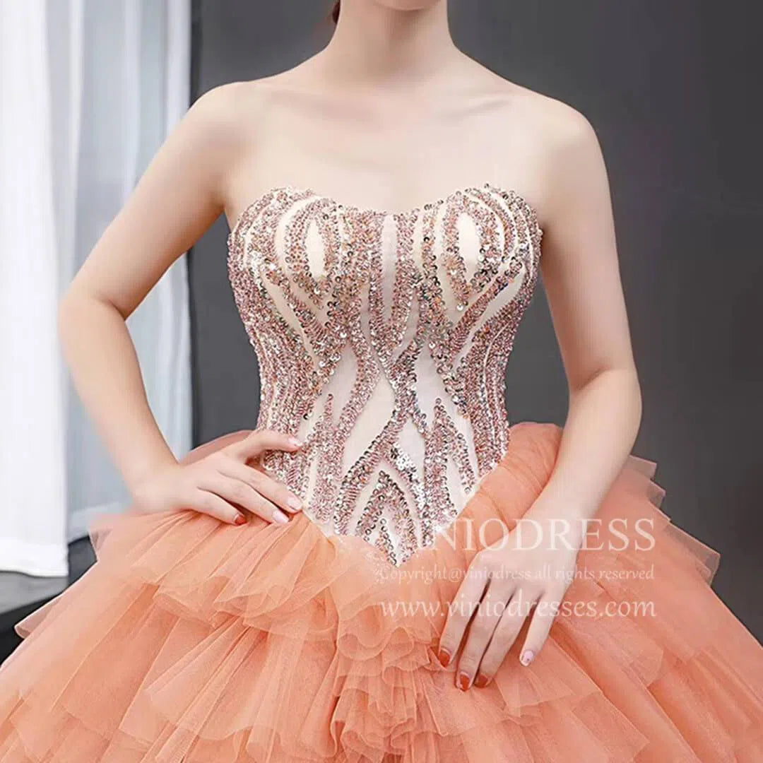 Prom Dress 2025 Sparkly Beaded Peach Sweet 15 Dresses Tiered Skirt Quinceanera Dress viniodress-unique Quinceanera Dresses-Peach-Custom Size-Viniodress