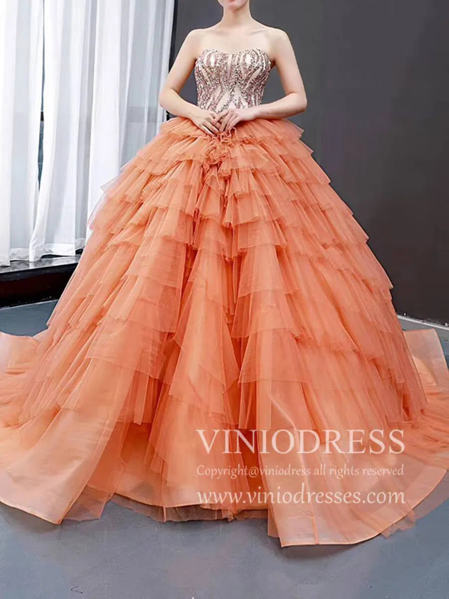 Prom Dress 2025 Sparkly Beaded Peach Sweet 15 Dresses Tiered Skirt Quinceanera Dress viniodress-unique Quinceanera Dresses-Peach-Custom Size-Viniodress