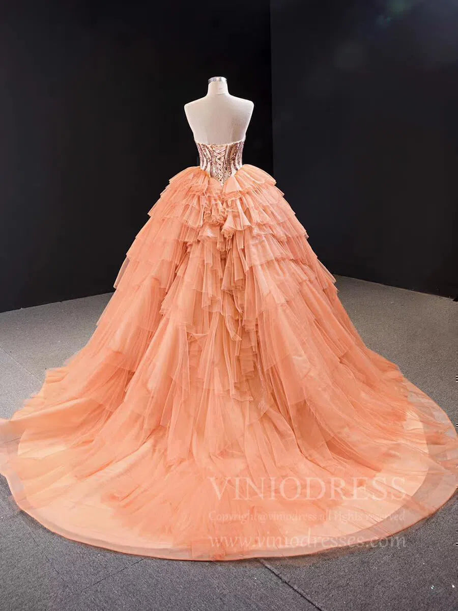 Prom Dress 2025 Sparkly Beaded Peach Sweet 15 Dresses Tiered Skirt Quinceanera Dress viniodress-unique Quinceanera Dresses-Peach-Custom Size-Viniodress