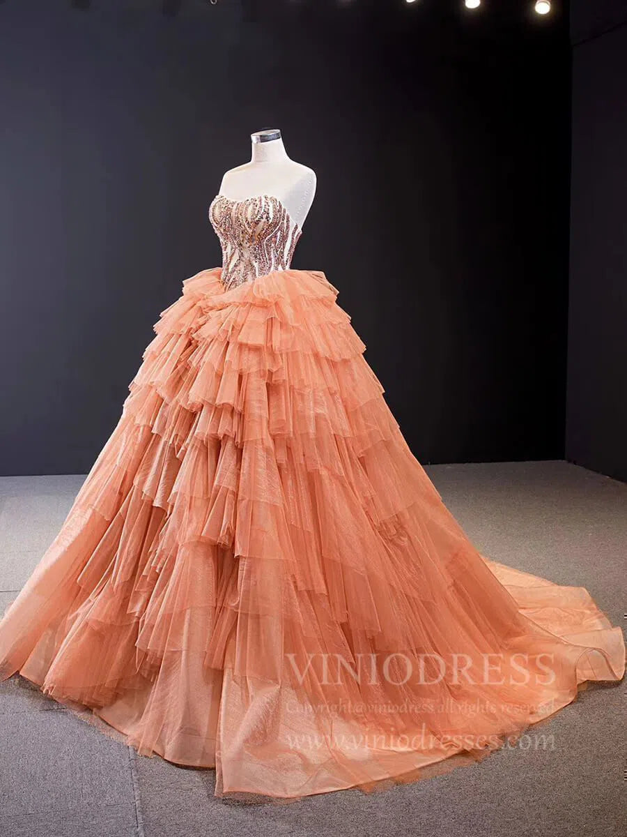 Prom Dress 2025 Sparkly Beaded Peach Sweet 15 Dresses Tiered Skirt Quinceanera Dress viniodress-unique Quinceanera Dresses-Peach-Custom Size-Viniodress