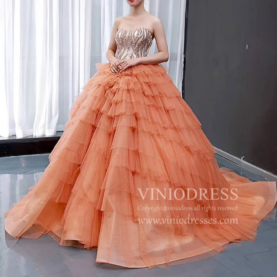 Prom Dress 2025 Sparkly Beaded Peach Sweet 15 Dresses Tiered Skirt Quinceanera Dress viniodress-unique Quinceanera Dresses-Peach-Custom Size-Viniodress